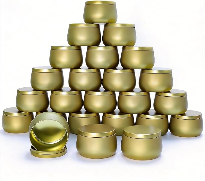 24 Pack 8oz Glod Candle Tins for Making Candles - Bulk Metal Candle Containers with Lids. Empty Round Candle Jars for DIY & Travel. Shatterproof & Sturdy Vessels for Small Business.