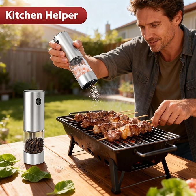 Electric Salt and Pepper Grinder Set with Rechargeable Base, 6 Adjustable Coarseness Levels, 95ml Large Capacity & Clear Container, Pepper Grinder Mill Electric with LED Light, 2Pack