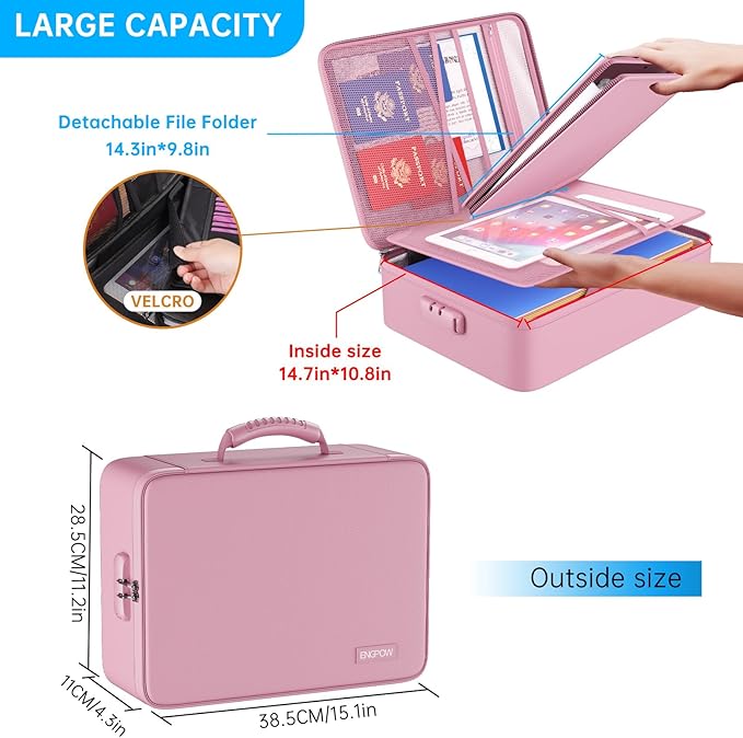 ENGPOW Fireproof File Organizer Bag with 13 Colorful Pockets Accordion File Folder,5200℉ Document Organizer Box with Lock&Labels,Multi-Layer Portable Home Safe Storage for Important Documents,Pink