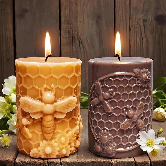 Wehous 2PCS Bee Candle Mold, Bee Honeycomb Flower Cylinder Silicone Molds for Resin Candle Soap Wax Beeswax, Unique Epoxy Casting Clay Art Craft Mould Kit DIY Home Decor