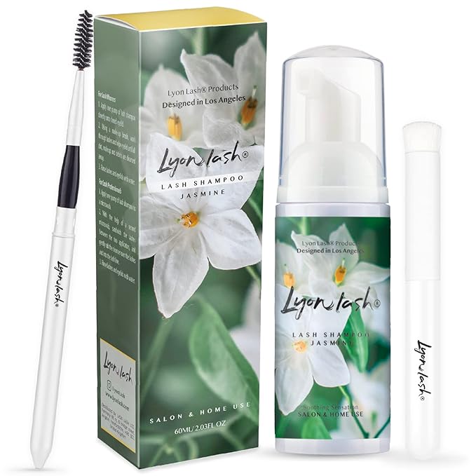Lyon Lash Eyelash Extension Shampoo (Jasmine), Gentle Formula Paraben & Sulfate Free, Oil Free Foam Cleanser Kit | Remove Eye Makeup & Oil & Dust | Professional Salon And Home Use (60ml + 1 mascara wand + 1 cleansing brush)