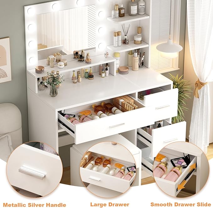 OTOQS Makeup Vanity Desk with Mirror and Light,Dressing Table Set with 3 Color Modes LED Lights,Large and Three Level Storage Dresser, for Bedroom Dressing Room,White