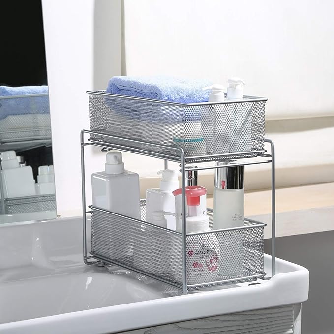 2 Tier Sliding Basket Stackable Cabinet Pull-Out Drawer Mesh Organizer for Kitchen Under Sink Storage (Silver)