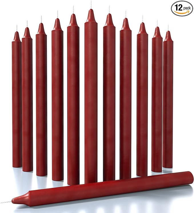 CANDWAX Bordeaux Taper Candles Pack of 12 - Slow Burning Dripless Unscented Straight Candles 12 inch - Ideal for Dinner Table - Smokeless Long Candlesticks