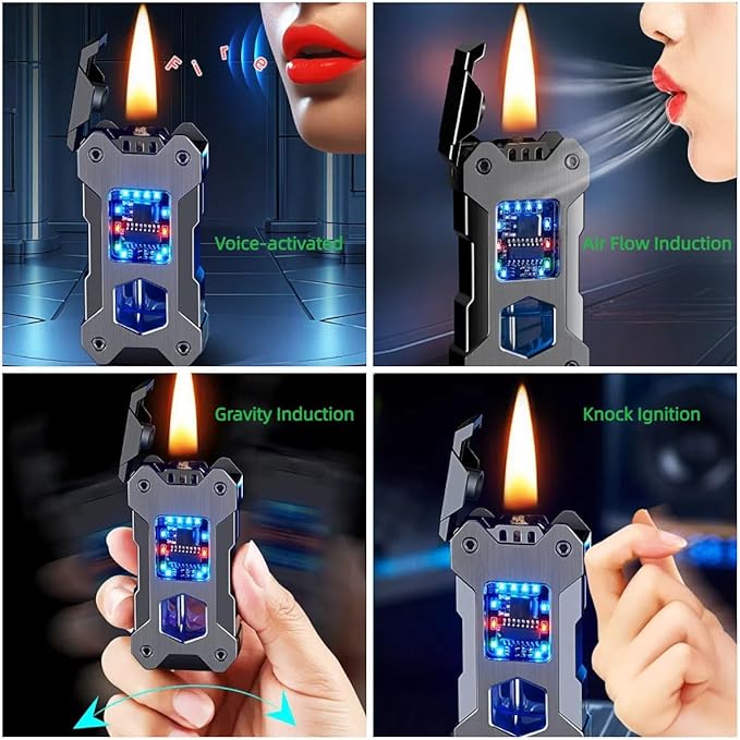 Smart Kerosene Lighter 4-Ignition Methods, Voice Activated Soft Flame Lighter, Metal Mecha Style Refillable Lighters with Cool Colorful Breathing Light (Brushed Gold, No Fuel)