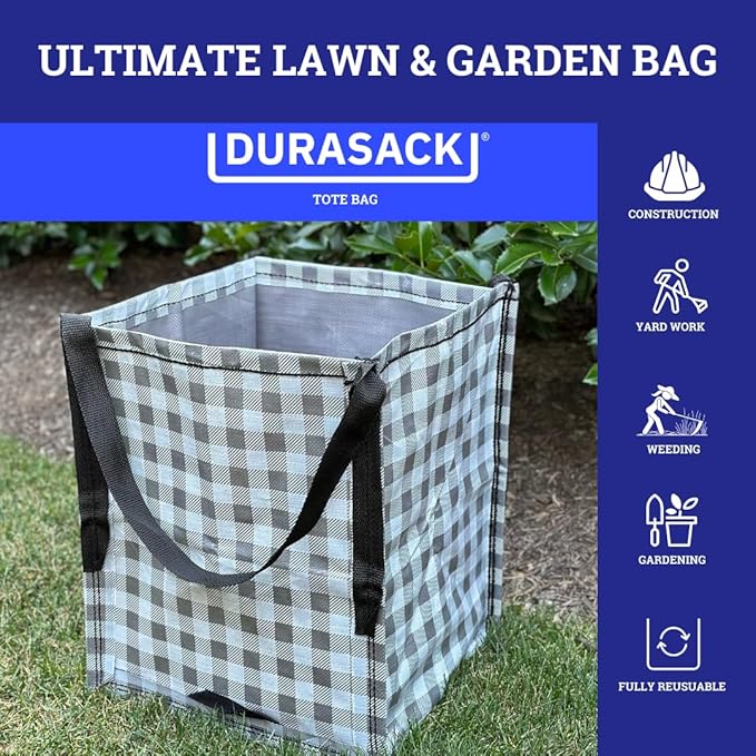 DURASACK Heavy Duty Storage Tote Bag 22-Gallon Rugged Woven Polypropylene Moving Bag, Reusable Self-Standing Design, Holds up to 500 Pounds, Pack of 4, Gingham Gray