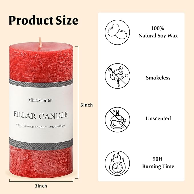 3x6 Inch Bright Red Pillar Candles Set of 3 - Hand-Poured Unscented Candles, Long Clean Burning, Large Big Candle, Smokeless Dripless Candle for Dinner Table, Wedding, Home, Rustic Decor