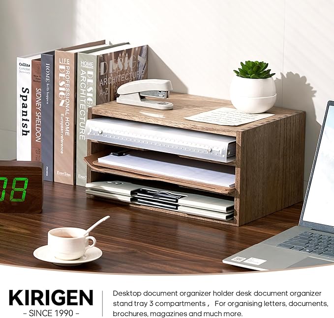 KIRIGEN Wooden Desktop Organizer Paper Storage Letter Tray File Sorter with 3 Layer Trays - Desk Rack Magazine File Dividers Holders for Home Office Accessories Dark Brown (3KWJG-DBR)