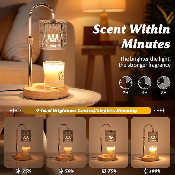 HAIDOLIANG Candle Warmer Lamp with Timer and Dimmer, Height and Brightness Adjustable,Glass Electric Wax Warmer with 2 Bulbs for Women Mom Gifts, Home Decor for Scented Jar Candles (Grey)