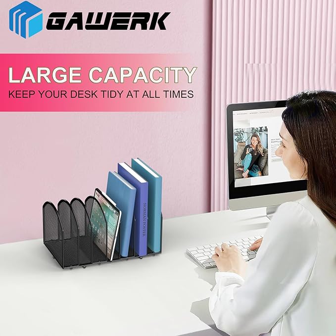 Gawerk 7-Section Desk File Organizer, Mesh Desktop Organizer File Sorter Office Organization Letter Holder, Vertical Desktop File Holder for Office Home, Black