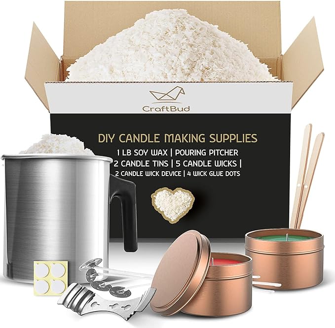 CraftBud DIY Soy Candle Making Kit for Adults & Kids, 16 Piece DIY Kit Includes 1LB Soy Wax, Wax Melter, Wicks, Tins & More