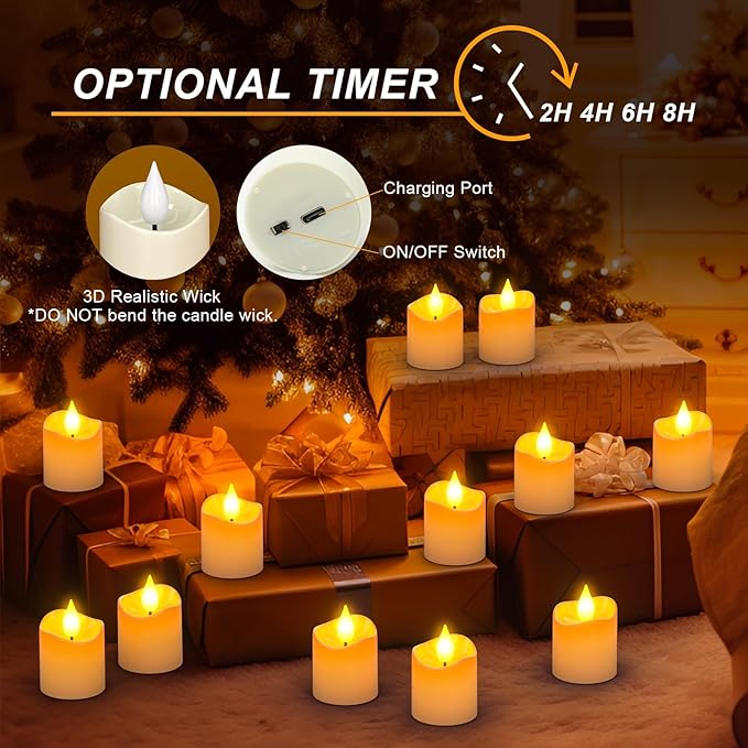 SoulBay Rechargeable Flameless Votive Candles, 12pcs 1.5" D White Electric Battery Operated LED Fake Tea Lights Candles with Remote Timer for Lantern Table Home Decoration, No Battery Required