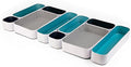 Three by Three Seattle 10 Piece Metal Organizer Tray Set for Storing Makeup, Stationery, Utensils, and More in Office Desk, Kitchen and Bathroom Drawers (2 Inch, Assorted Blue and Stripes)