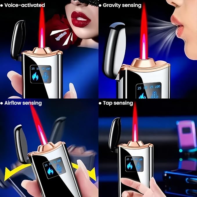Smart Butane Lighter, Voice-Activated Sensor Torch Lighter with 4 Ignition Modes, Windproof Red Flame Refillable Lighters (Without Fuel) (Black Ice)