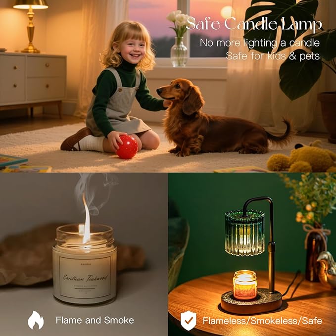 Candeldo Candle Warmer Lamp with Timer: Emerald Green Candle Warming Lamp with 2 Bulbs Height Adjustable Wax Melt Dimmable Bedroom Decor for Women