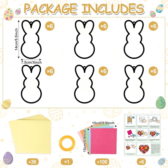 Qyeahkj 36 Set Easter Bunny Suncatchers Crafts for Kids DIY Colorful Rabbits Window Tissue Paper Craft Kit Hanging Decor for Easter Classroom Home Activity Art Project Birthday Party Favor