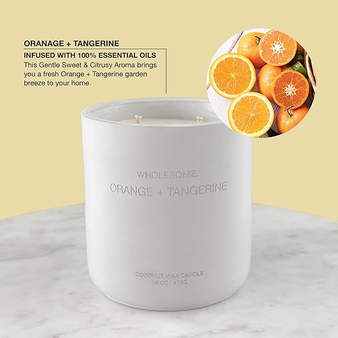 WHOLESOME. Orange Tangerine Scented Non-Toxic Candles for Home, 2 Wicks Natural Coconut Wax Candle Eco-Friendly, Luxury Aromatherapy Candles Stress Relief, 16 oz Large Concrete Jar, 90 Hours Burn