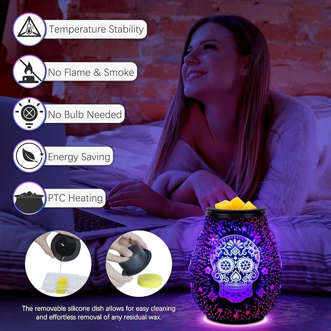EQUSUPRO Wax Melt Warmer Wax Melter Wax Burner for Scented Wax Melts Electric Fragrance Warmer for Wax Cubes & Tarts, Vivid 3D Design 7 Colors LED Light Gift & Decor for Home Office (3D Skeleton)