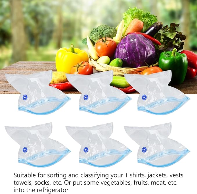 6-Pack Vacuum Storage Bags, 8.7x8.3in Reusable Space Saver Bags Transparent PE + PA Vacuum Sealer with Good Seal for Wardrobe Organization & Refrigerator Food Storage (C:26 * 34cm)