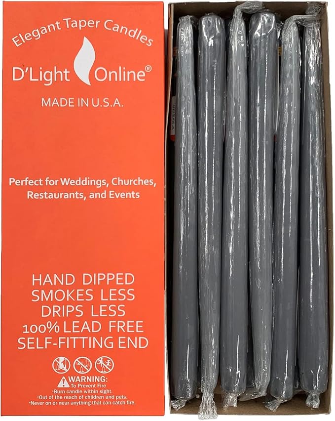 D'light Online Elegant 12" Unscented Slate Gray Taper Premium Quality Candles Hand-Dipped, Dripless and Smokeless - Set of 12 Individually Wrapped (Slate Grey)