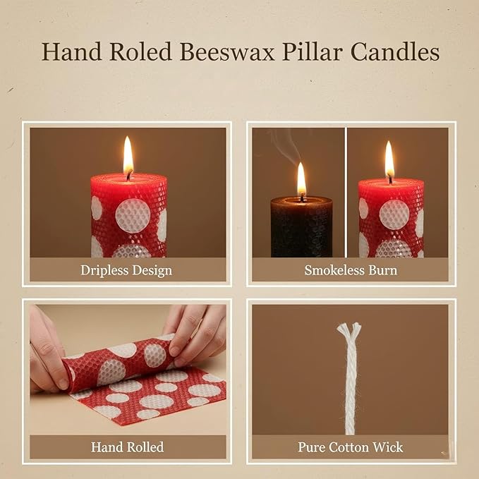 Hand Rolled Beeswax Pillar Candles 2 Packs, Non Toxic Beeswax Candles-70 Hours Long Burning, Organic Emergency Bees Wax Candles for Home, Paryer, Parties, Unscented Dripless Smokeless Candles, 2x4in