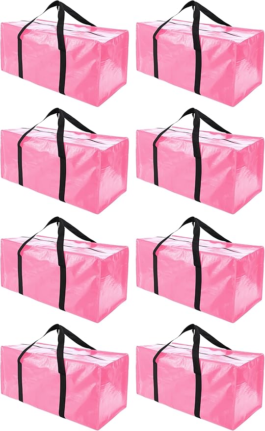 PANDA JOYS 8 Pack Extra Large Moving Bags with Zippers & Carrying Handles, Heavy-Duty Storage Tote for Space Saving Moving Storage, Fold Flat, Alternative to Box and Bin,Pink