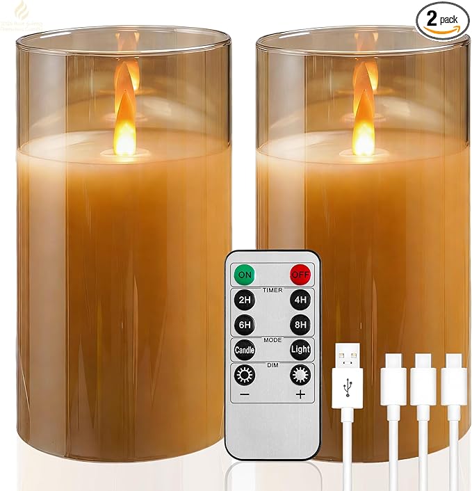 HaitanghuaRechargeable Candles, Remote Control Candles, with Remote Control, 2/4/6/8 Hour Timer Function, USB Rechargeable flameless Candles, Pillar Candles, Gold, 6 inches (2 Pack)
