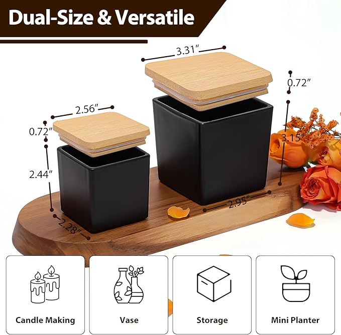 CONNOO 12 Pack 9oz, 3oz Matte Black Square Candle Jars for Making Candles, Thick Glass Bulk Empty Candle Containers with Airtight Bamboo Lids for Candle Making, Sticky Warning Labels - Dishwasher Safe