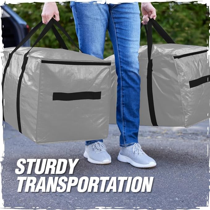RUGGED RHINO 8 Pack Heavy Duty Extra Large Moving Bags, Durable Bag with Strong Handles and Zipper, Moving Boxes Alternative for College Packing, Holiday Décor, Space Saving Storage with Label, Silver
