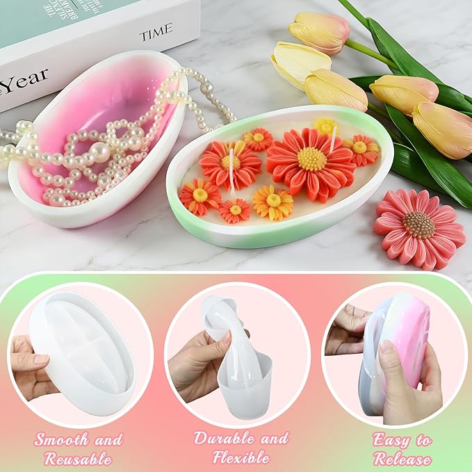 Daisy Candle Molds, 4Pcs Daisy Flower Silicone Molds for Candle, Boat Shaped Candle Vessel Mold Set for Scented Candle Making, Soap, Resin, DIY Handmade Aromatherapy Mothers Day Gifts