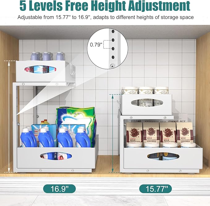 Housolution 2 Pack Large Under Sink Organizer, 2 Tier Metal Pull Out Under Sink Storage with Sliding Mesh Drawers, Height Adjustable Slide Out Under Cabinet Organizer for Kitchen Bathroom, White
