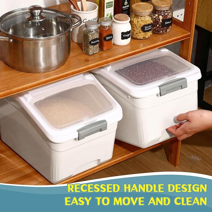 4 Pack Large Rice Storage Containers 30 Lbs Airtight Flour Container with Seal Locking Lid and Measuring Cup Kitchen Dry Food Storage Bins for Cereal Sugar Beans (Creamy White)