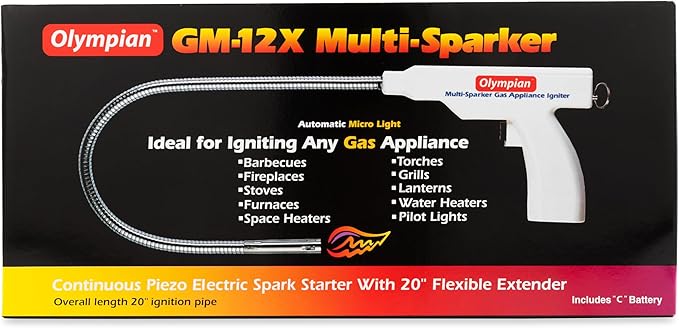 Camco Olympian GM 12X Multi Sparker - 26-inch Long w/ 20-inch Pipe Battery Operated Gas Appliance Lighter - No Butane Required - (57561)