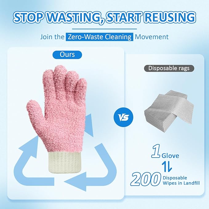 MIG4U Microfiber Dusting Gloves House Cleaning Glove for Blinds, Windows, Shutters, Furniture, and Car, Reusable Lint-Free Pink 1 Pair S/M