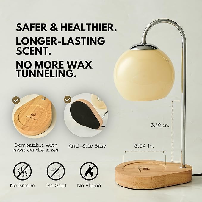 Modern Candle Warmer Lamp with Timer and Dimmer, Dimmable Electric Candle Lamp Warmer, Wax Melt Warmer, Glass with Wood Base, Home Decor Gifts 2 Bulbs Included (Beige and Natural Wood Base)