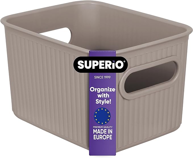 Superio Ribbed Collection - Decorative Plastic Basket Open Home Storage Bins Organizer, Small Taupe (1 Pack) Container Boxes for Organizing Closet Storage Bins for Shelves Drawer Shelf 1.5 Liter