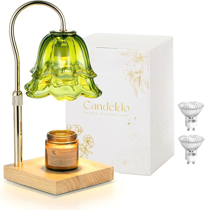 Candeldo Candle Warmer Lamp with Timer: Green Flower Candle Warming Lamp with 2 Bulbs Height Adjustable Wax Warmer Dimmable Bedroom Decor Mothers Day Gift for Women