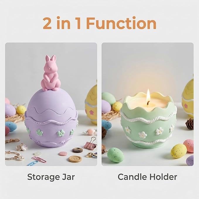 Easter Bunny Egg Candle Jar Silicone Mold, 3D Rabbit Egg Resin Mold with Base for DIY Candle Vessel, Storage Cup, Desktop Decor & Festival Craft Making