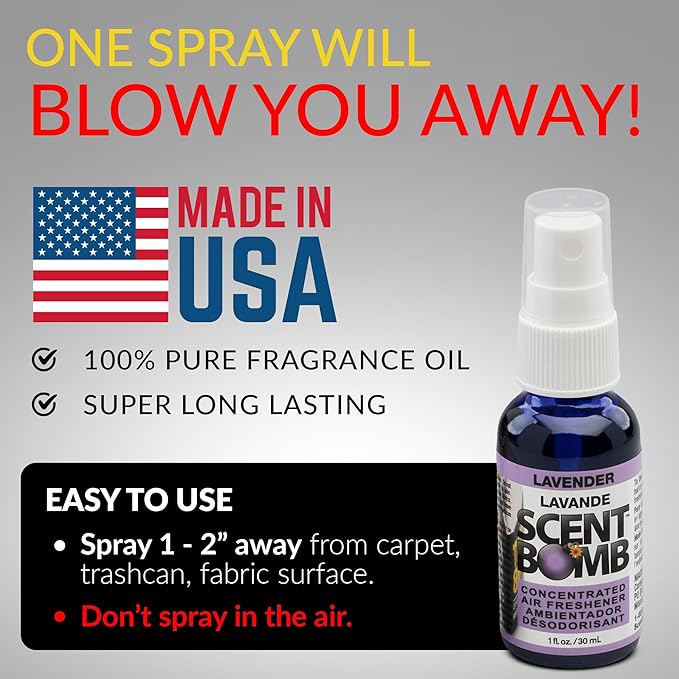 Scent Bomb Air Freshener Spray, Long-Lasting Odor Eliminator - Effective Deodorizer for Home & Car, Fresh Room Spray for Kitchen, Bathroom & Smell Neutralizer - 1 oz Pack of 4, Lavender Scent