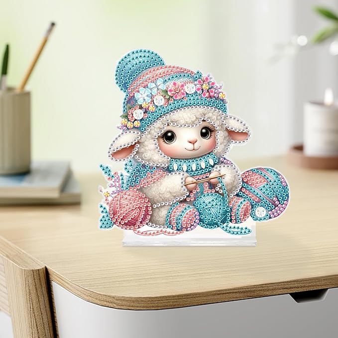 antor Diamond Painting Desktop Ornament Kit, DIY Special Shape Diamond Art Tabletop Decoration, Acrylic Diamond Art Desk Figurine Sheep Knitting Craft Gift