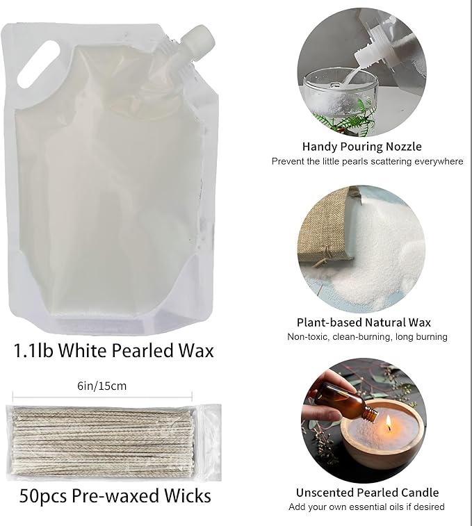 Pansyling Pearled Candle Sand Set, Refillable 1.1Lb Sand Wax, 50 X 6”Candle Wicks, Smoke Free Powder Snow Candles Sand Wax, 120 Hours Burning Time DIY Candle Making Kit, White