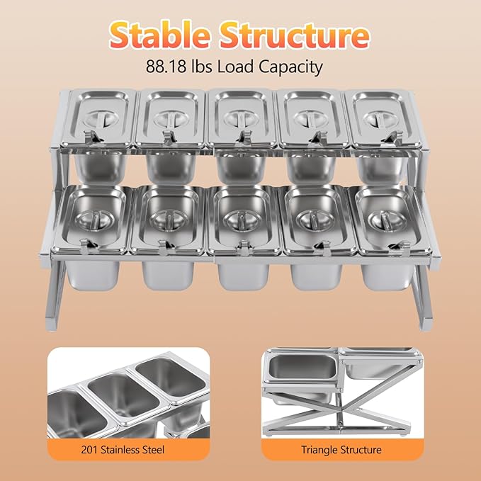 2-Tier Expandable Spice Rack with Lids & Spoons, Stainless Steel Seasoning Organizer Shelf, Pizza Topping Station, Kitchen Countertop Holder for Condiment Ingredients Sauces Jams Fruits
