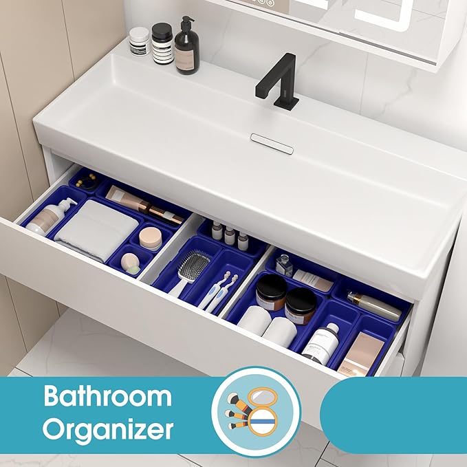 16 PCS Drawer Organizer Set, 4 Size Makeup Drawer Divider Organizer With Non-Slip Pads, Interlocking Plastic Storage Bins for Office,Jewelry Vanity,Gadgets, Bathroom,Kitchen, Navy