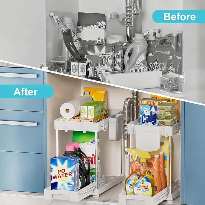 Under Kitchen Sink Organizer, 2-tier Under Sink Organizers and Storage for Kitchen & Bathroom, Multi-Purpose Pull Out Under Cabinet Organizer with Hooks Hanging Cup (White, 2 Pack)