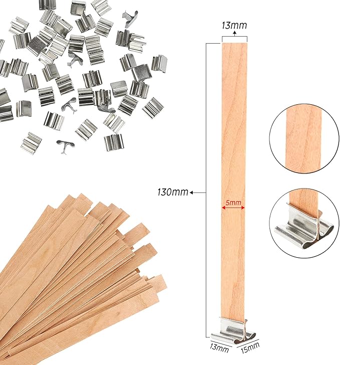 NOOR Crackling Wooden Wicks for Candles - Pack of 50 Pcs 5.1 x 0.5 inch Wood Wicks with Metal Sustainers, EVA Stickers and Warning Labels - Eco-Friendly Wooden Candle Wick