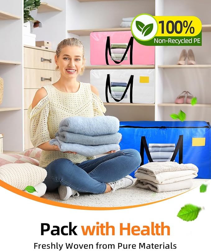 Extra Large Moving Bags, 4 Pack Heavy Duty Storage Bags Boxes Bins Totes with Hnadles Zippers Visible Window for Clothes College Dorm Travel, Blue