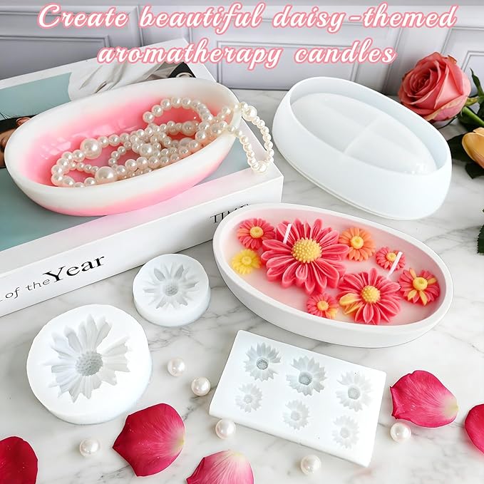 Daisy Candle Molds, 4Pcs Daisy Flower Silicone Molds for Candle, Boat Shaped Candle Vessel Mold Set for Scented Candle Making, Soap, Resin, DIY Handmade Aromatherapy Mothers Day Gifts