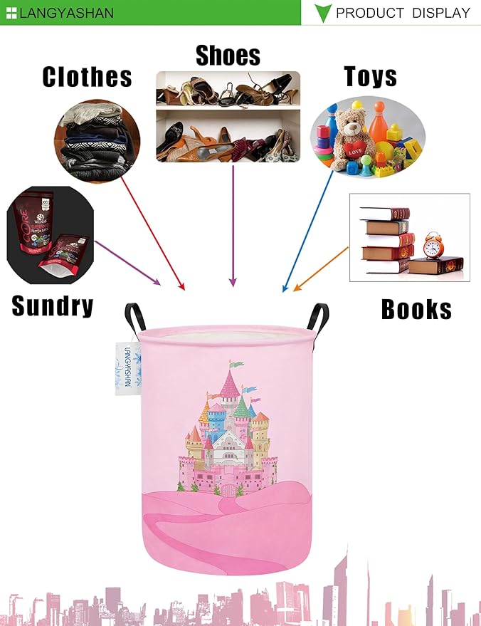 LANGYASHAN Storage Bin, Canvas Fabric Collapsible Organizer Basket for Laundry Hamper,Toy Bins,Gift Baskets, Bedroom, Clothes,Baby Nursery (Round Castle)