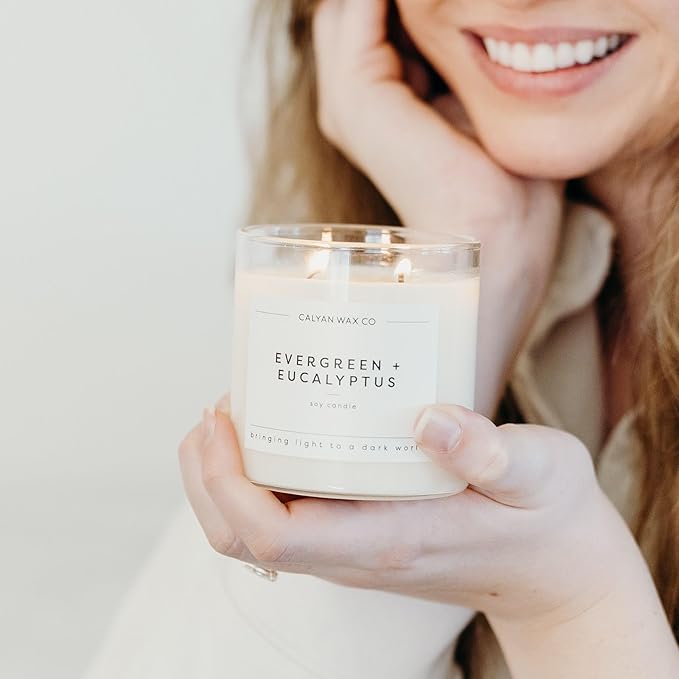 Calyan Wax Co. Evergreen & Eucalyptus 2 Wick Scented Candle - 37 Hour Burn - Luxury Non Toxic Soy Wax Candles - Long Lasting Large Glass Jar Candle for Home - 8.8oz