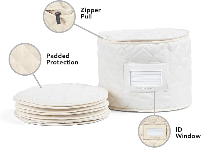 Covermates Keepsakes Dish Storage Case – Padded China & Dinnerware Organizer, Quilted Polyester Protection, ID Window, Zipper Closure, Machine Washable, Cream